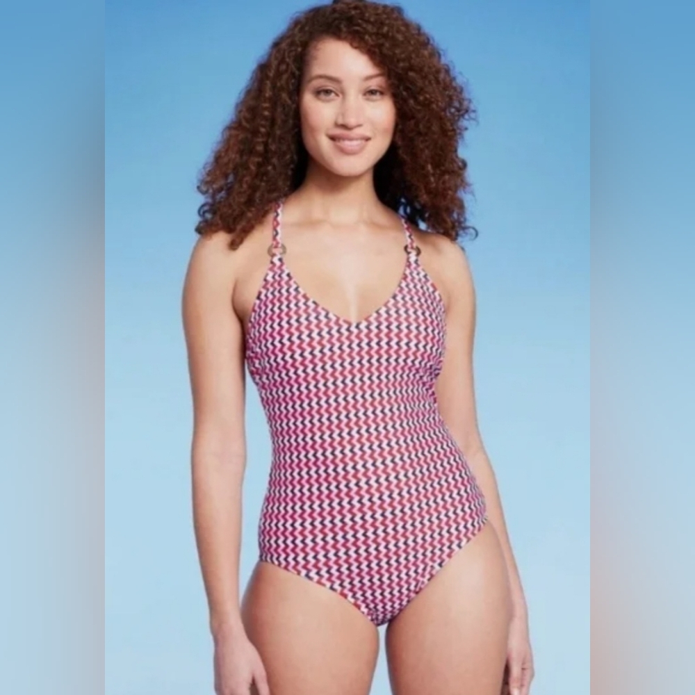 Kona Sol Red, White, & Blue Chevron Pattern One-piece Swimsuit With Ring Accents